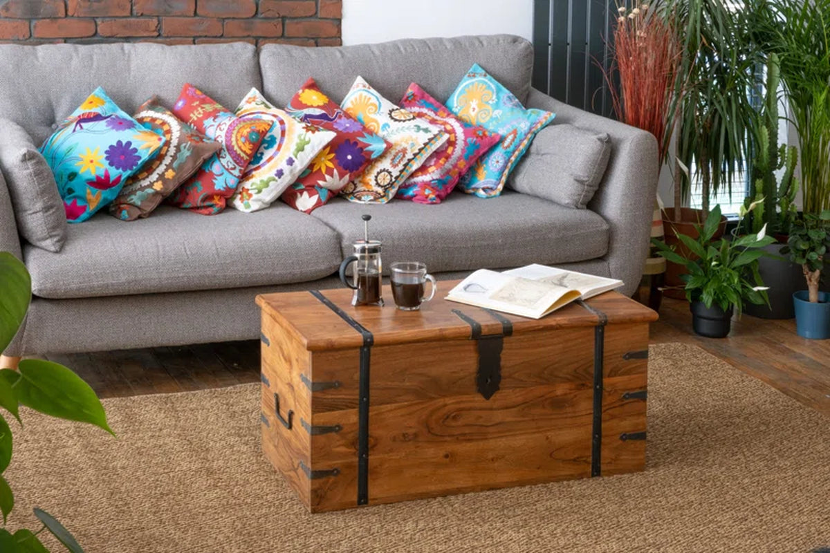 Solid Wood Chest Coffee Table with Storage, Rustic Acacia Trunk Design