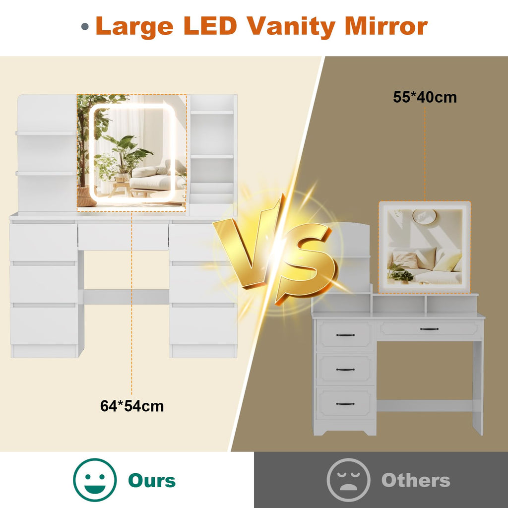Dressing Table with Large Lighted Mirror, 7 Drawers, 4 Shelves & 3 Open Compartments, Modern White Vanity Desk