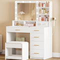 Dressing Table with Mirror & 3-Color LED Lights, 6 Storage Areas, Stool, White
