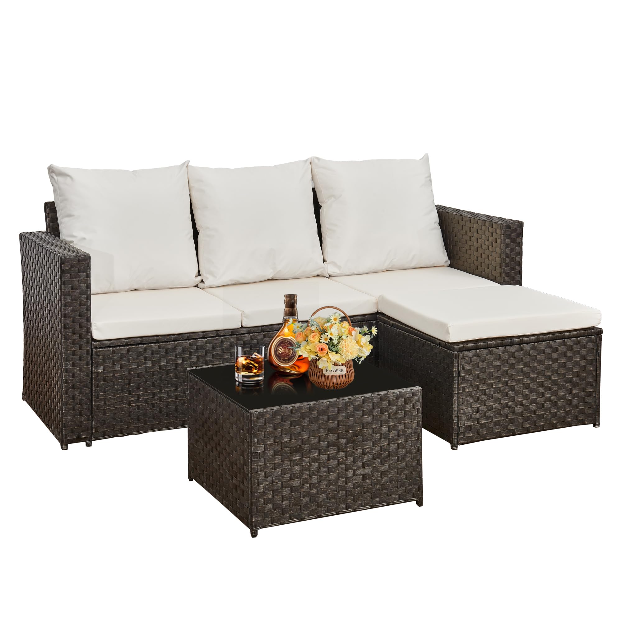 3 Piece Rattan Garden Sofa Set with Coffee Table & Cushions Black White