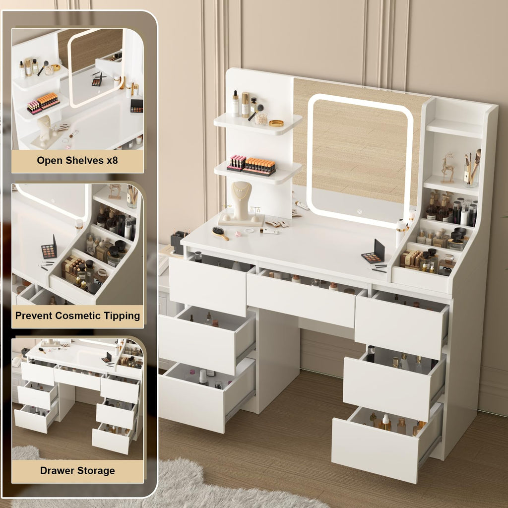Dressing Table with Large Lighted Mirror, 7 Drawers, 4 Shelves & 3 Open Compartments, Modern White Vanity Desk