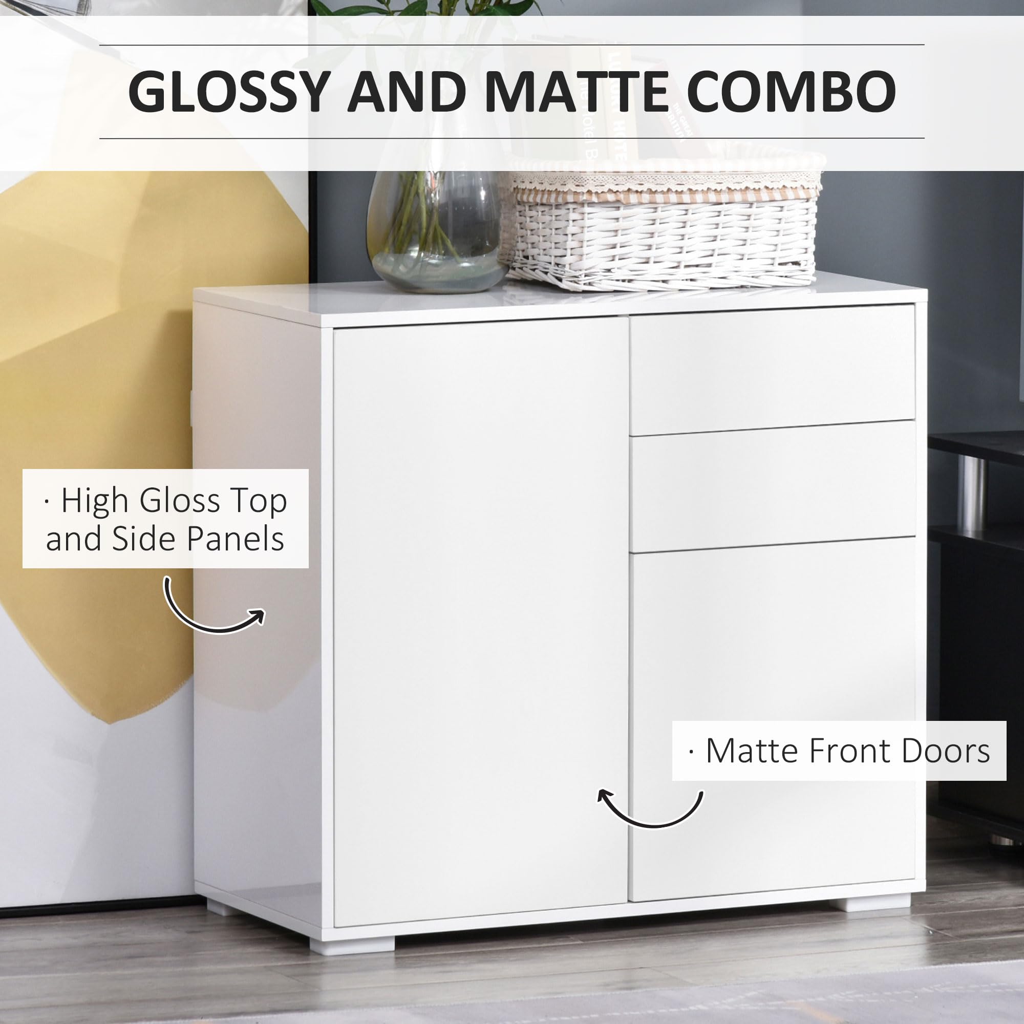 High Gloss Frame Sideboard, Push-Open Design with 2 Doors, Living Room & Bedroom Cabinet, White