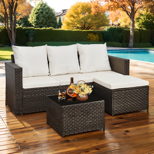 3 Piece Rattan Garden Sofa Set with Coffee Table & Cushions Black White
