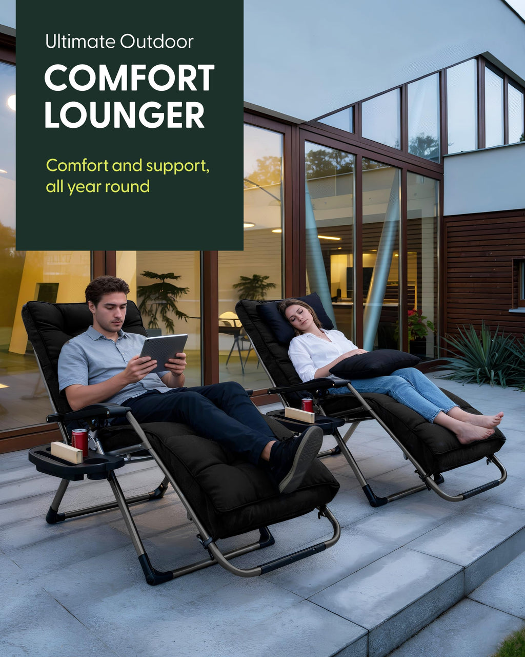 Extra Wide Zero Gravity Reclining Garden Chair with Cushion & Cup Holder Black