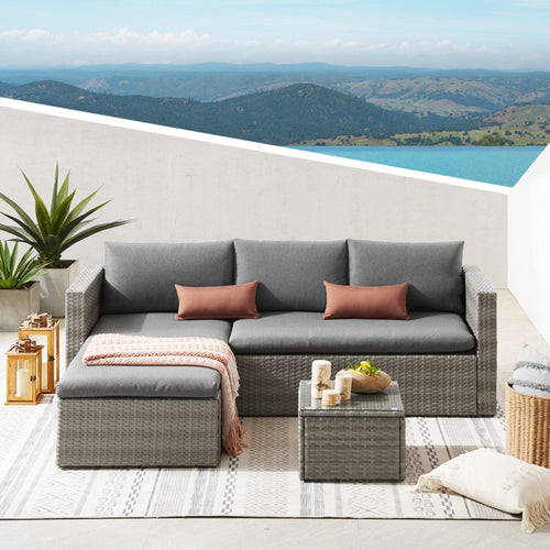 5 Piece Rattan Garden Furniture Set with Ottoman & Glass Coffee Table Grey