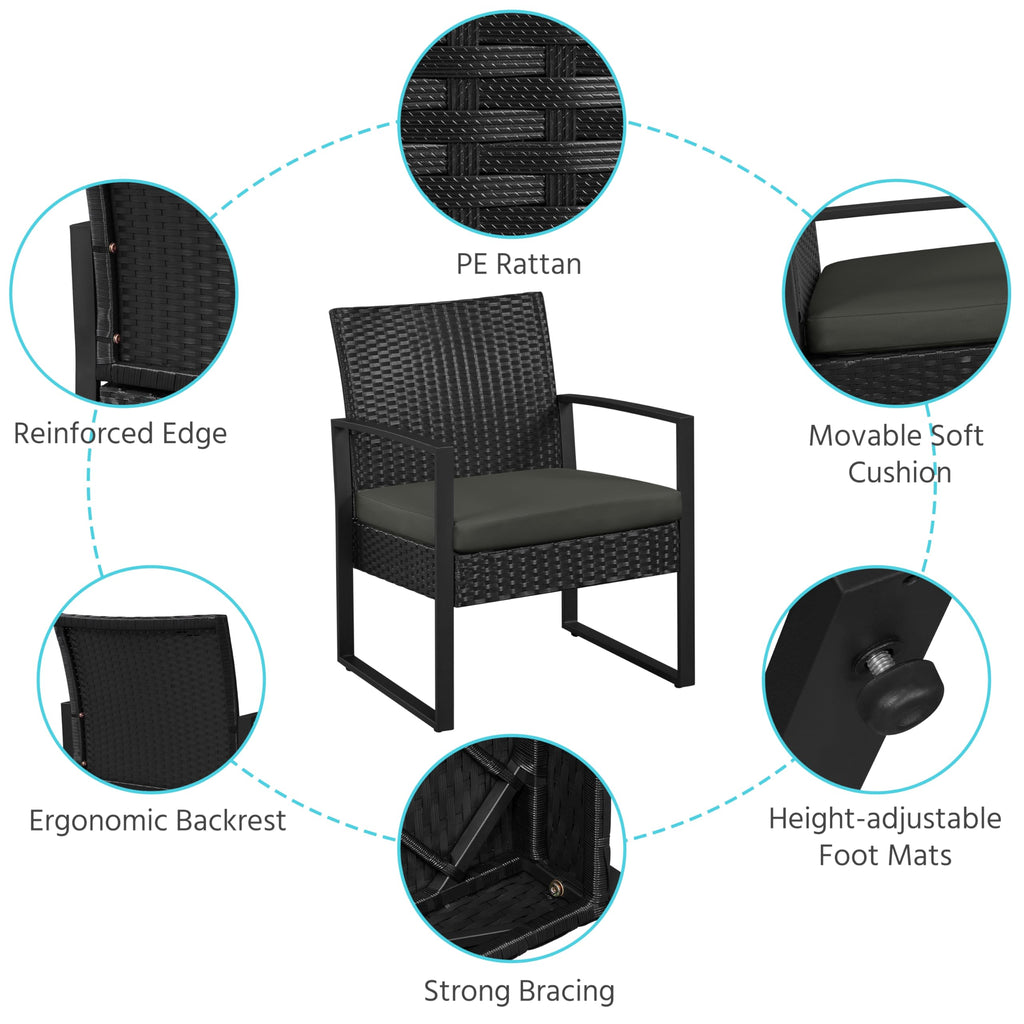 3 Piece Rattan Garden Bistro Set with Cushioned Chairs & Glass Table Black Grey