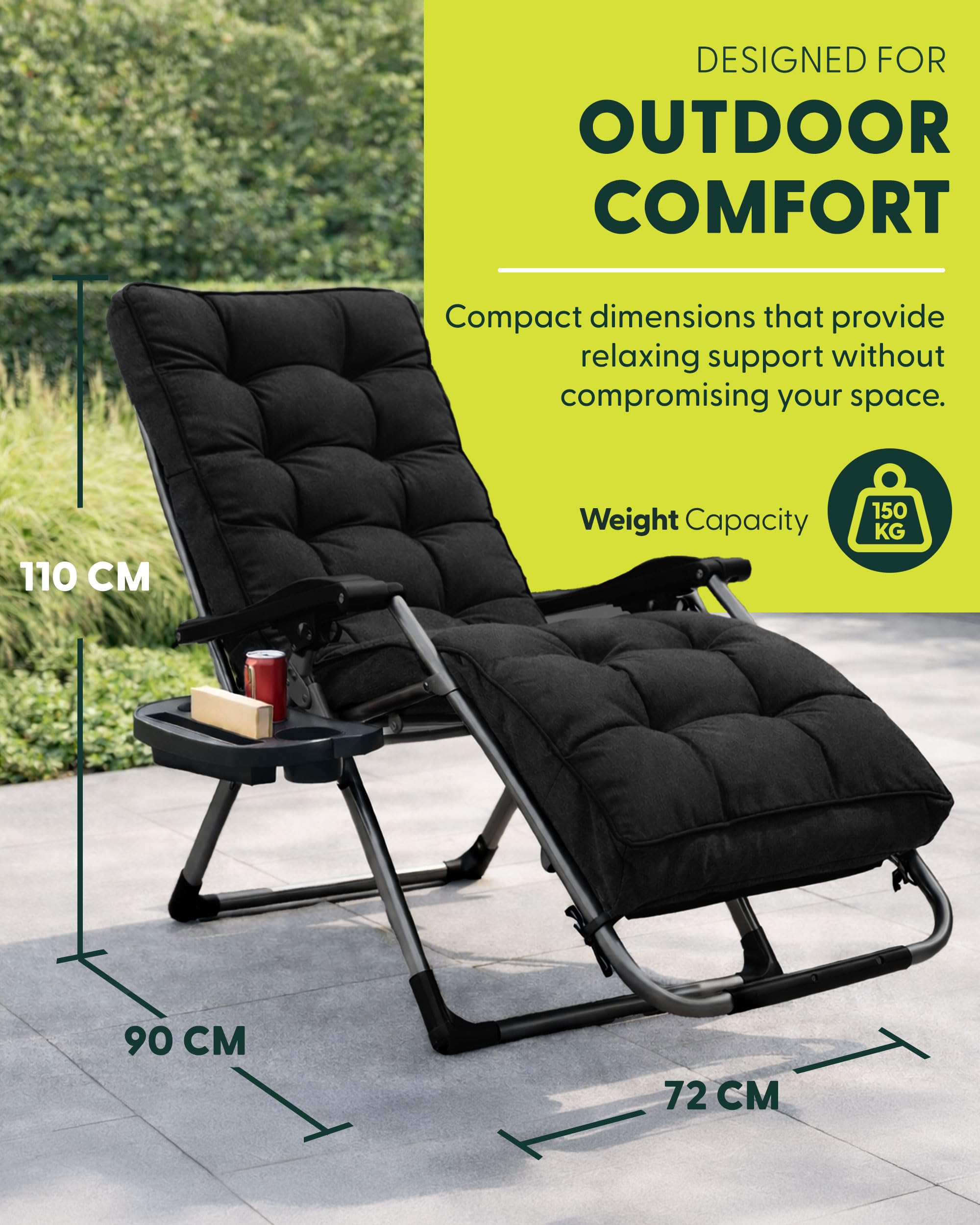 Extra Wide Zero Gravity Reclining Garden Chair with Cushion & Cup Holder Black