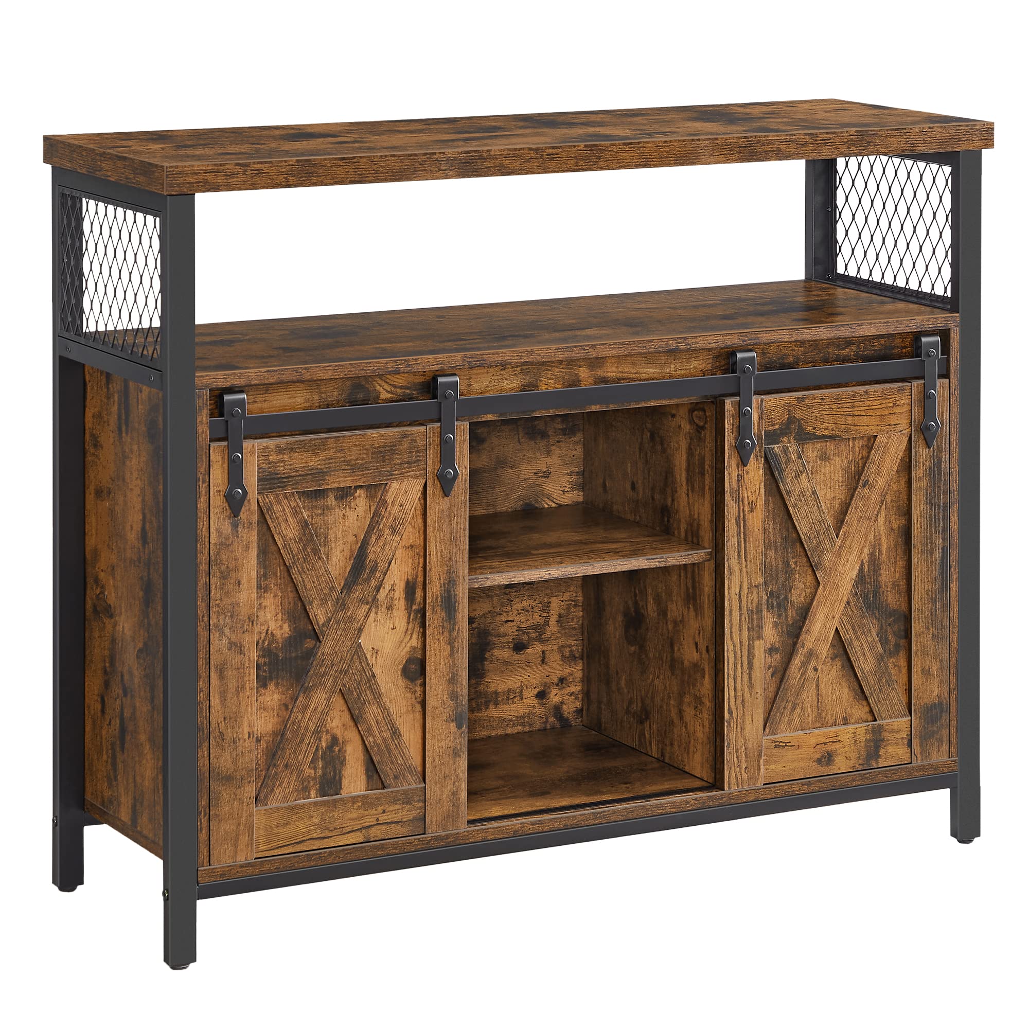 Sideboard with 2 Sliding Barn Doors, Adjustable Shelves, Kitchen & Living Room Cabinet, Rustic Brown & Black