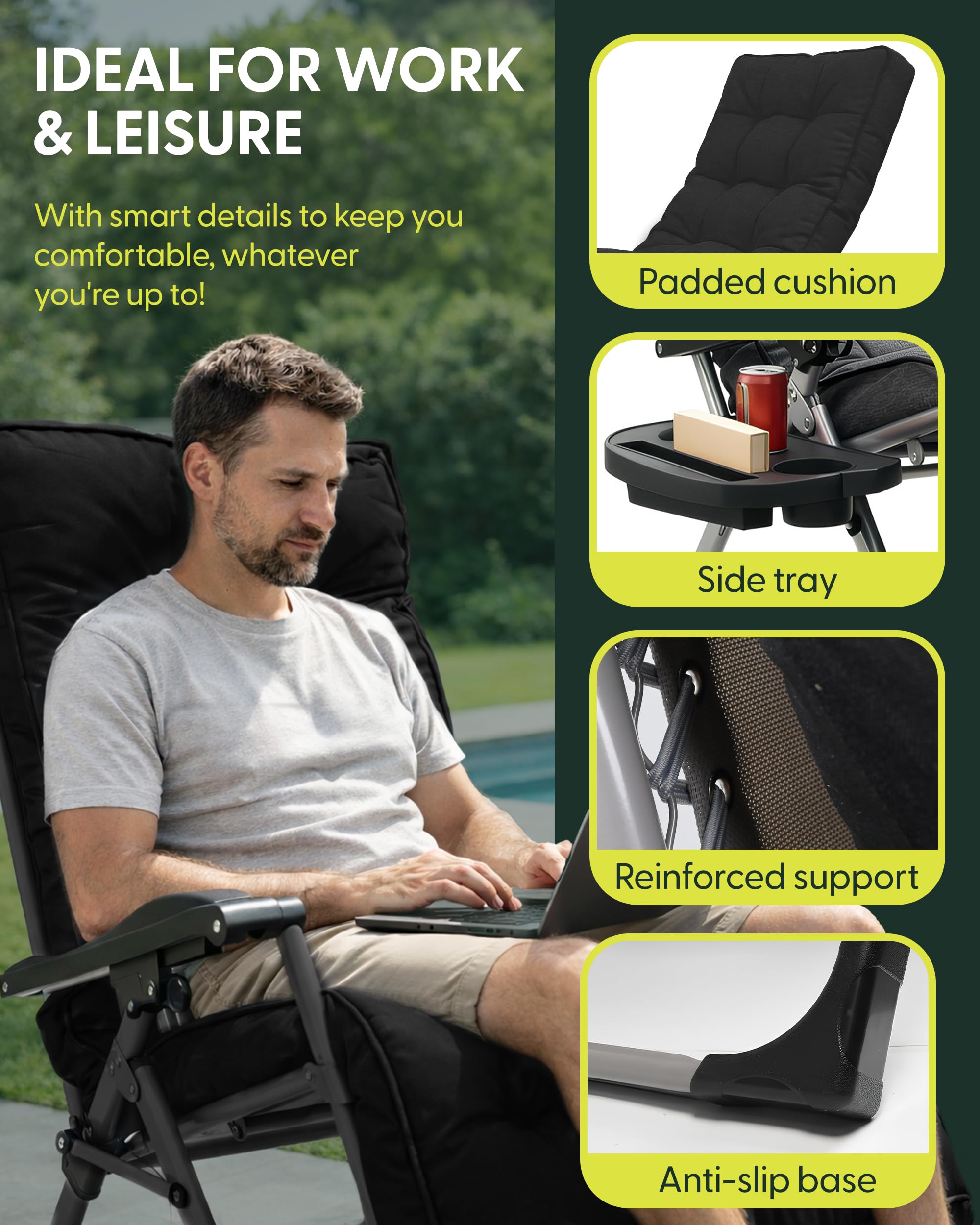 Extra Wide Zero Gravity Reclining Garden Chair with Cushion & Cup Holder Black