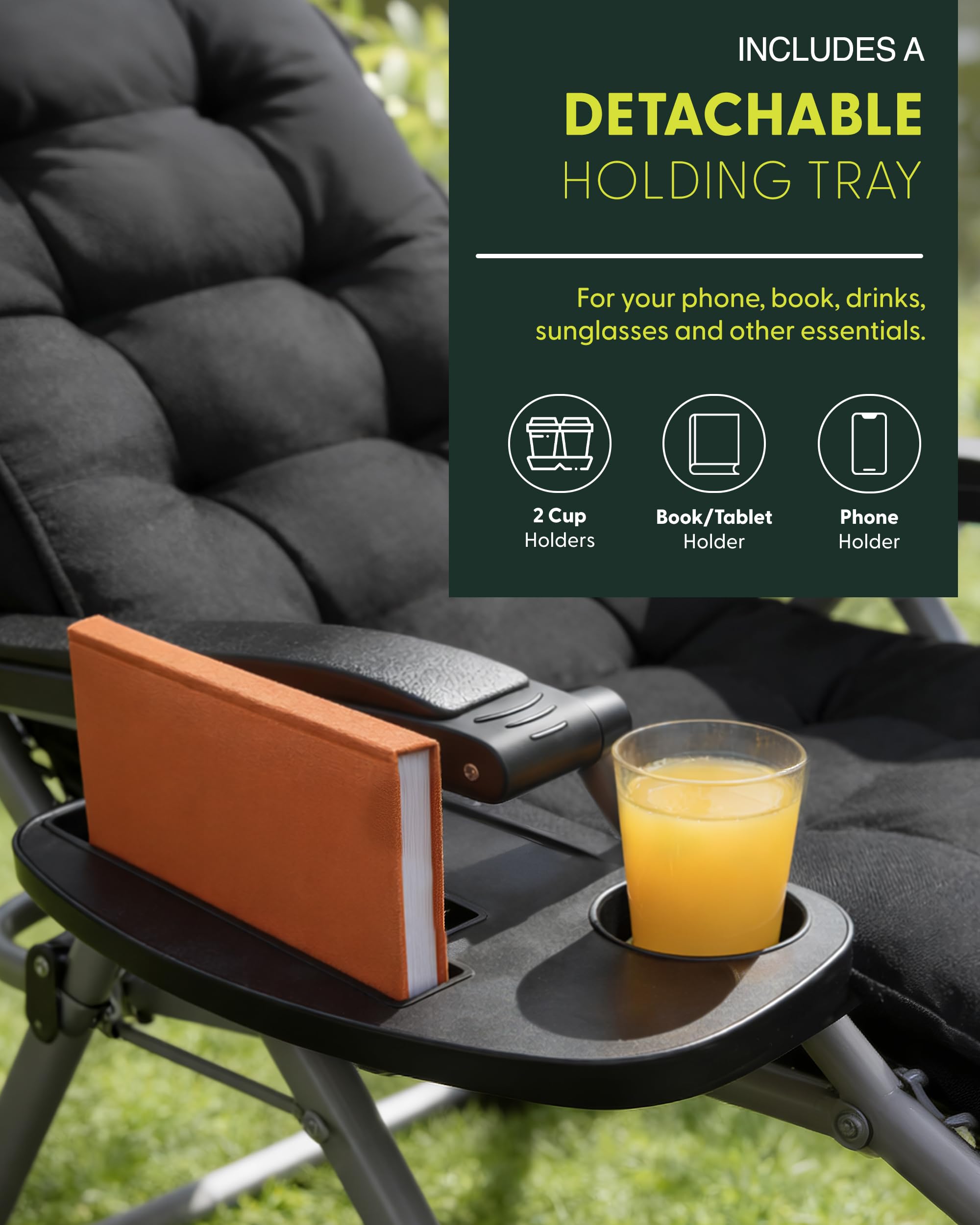 Extra Wide Zero Gravity Reclining Garden Chair with Cushion & Cup Holder Black