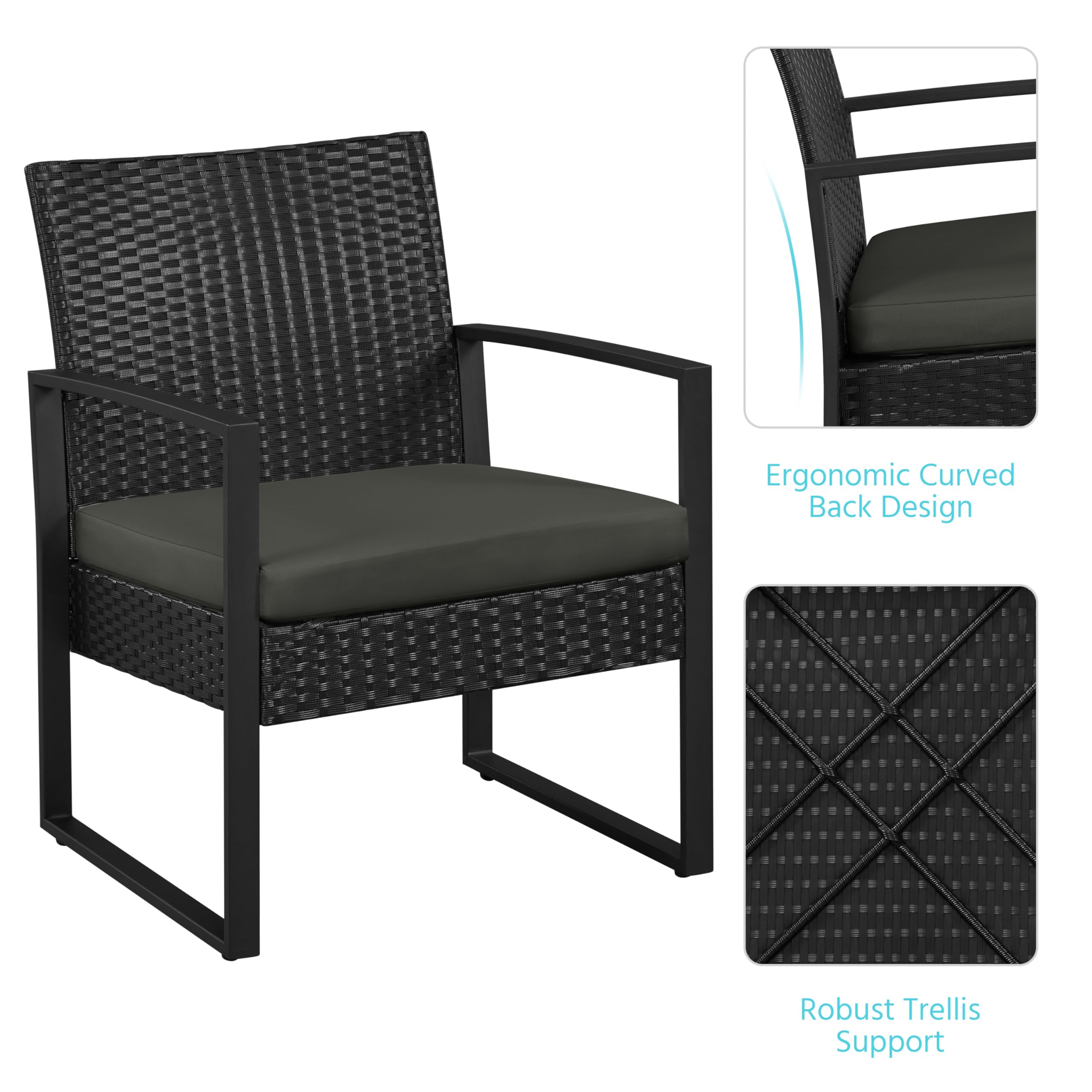 3 Piece Rattan Garden Bistro Set with Cushioned Chairs & Glass Table Black Grey