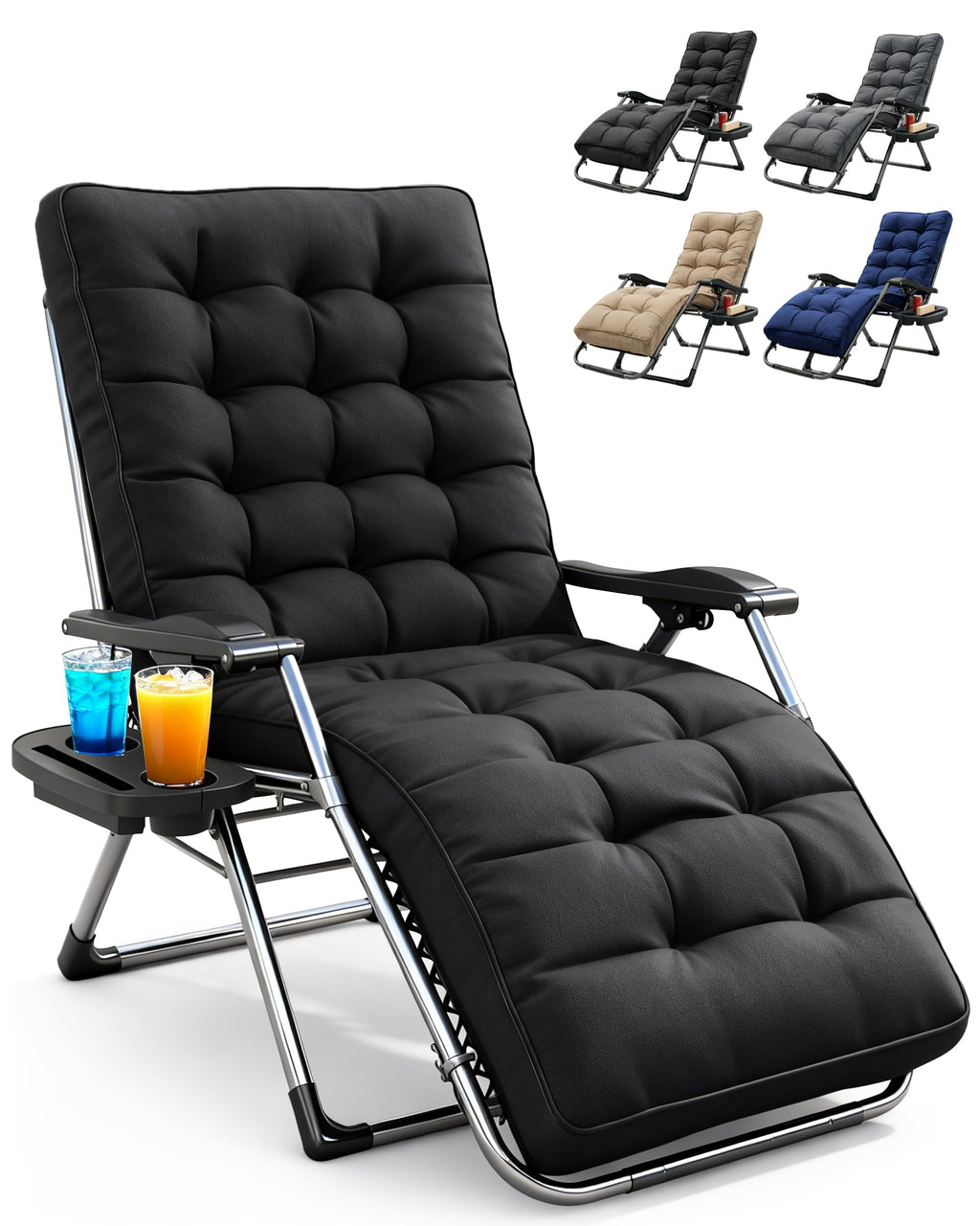 Extra Wide Zero Gravity Reclining Garden Chair with Cushion & Cup Holder Black