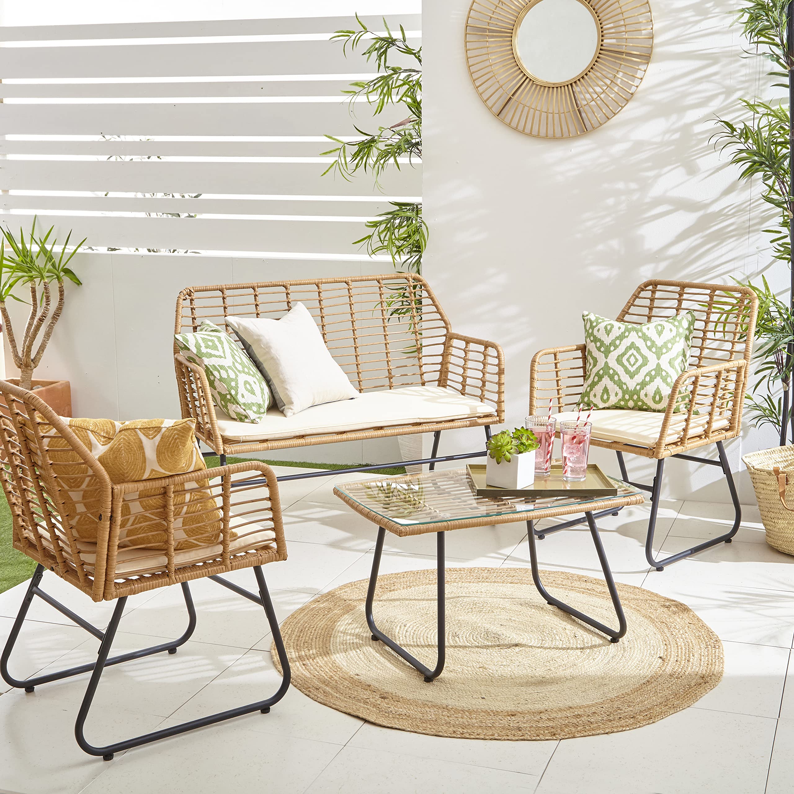 4 Piece Rattan Garden Furniture Set with Sofa, Chairs & Glass Coffee Table Natural
