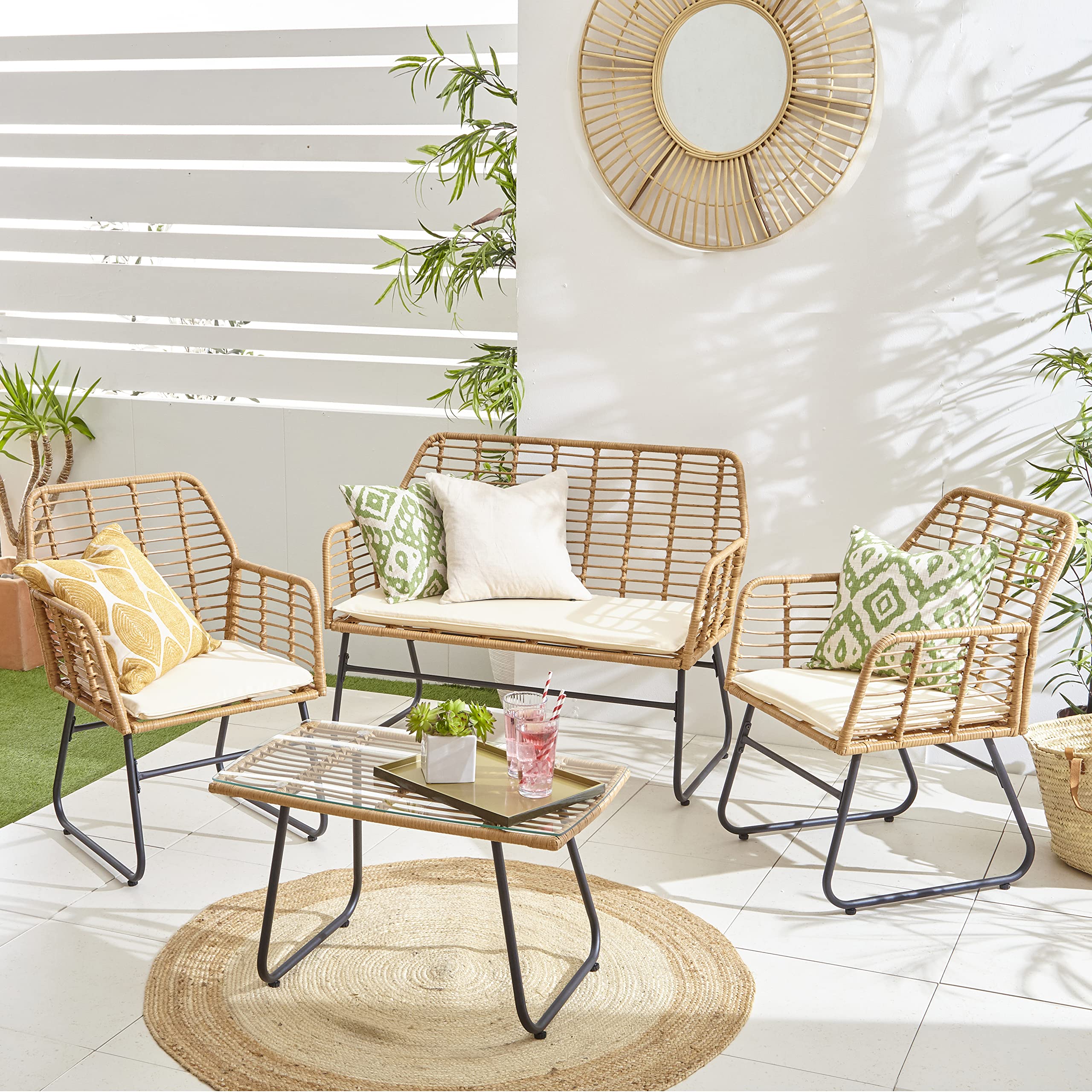 4 Piece Rattan Garden Furniture Set with Sofa, Chairs & Glass Coffee Table Natural