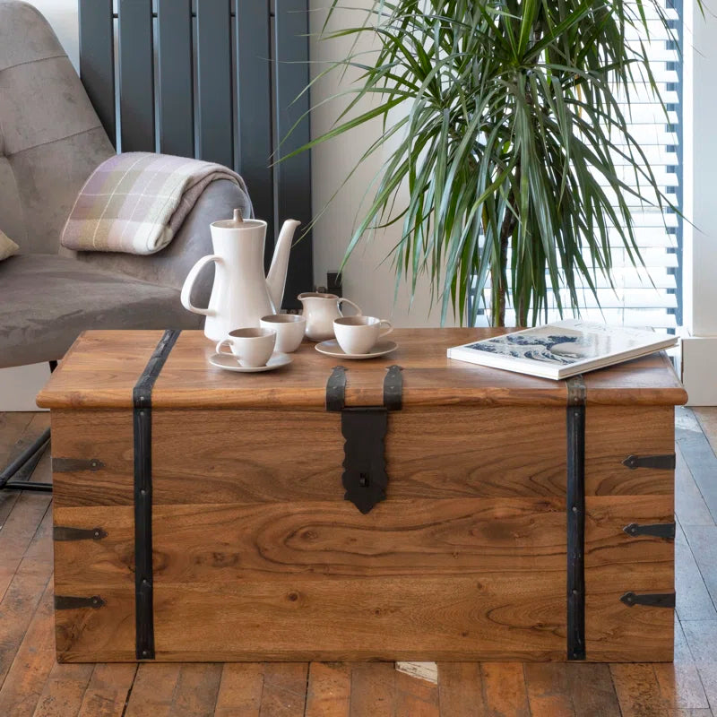 Solid Wood Chest Coffee Table with Storage, Rustic Acacia Trunk Design